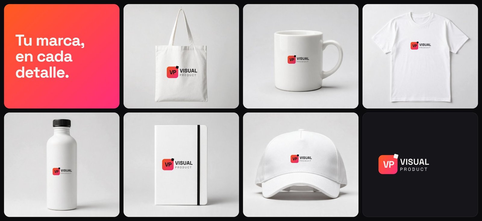 Merchandising con el logo de Visual Product: bolsa, taza, polo, tomatodo, libreta y gorra